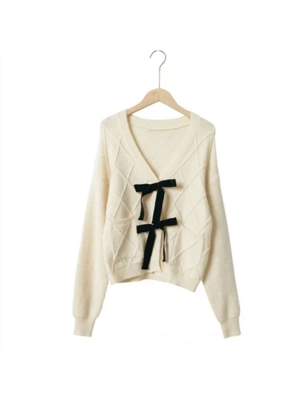 Storets Marley Sweater Jacket White Cable Knit Cardigan with Black Bows